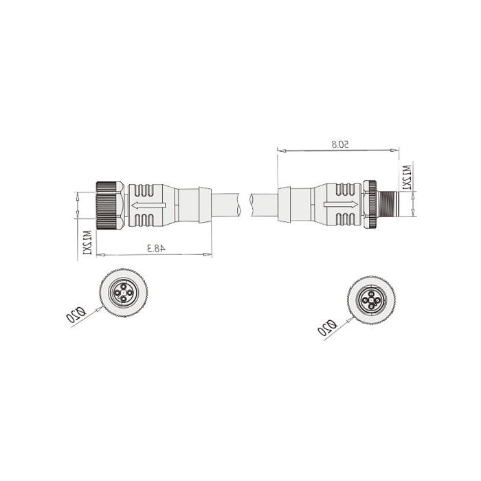 M12 4Pin T-coded、母头直型转公头直型、双端预铸PVC非柔性电缆、黄色护套、64TD03-XXX